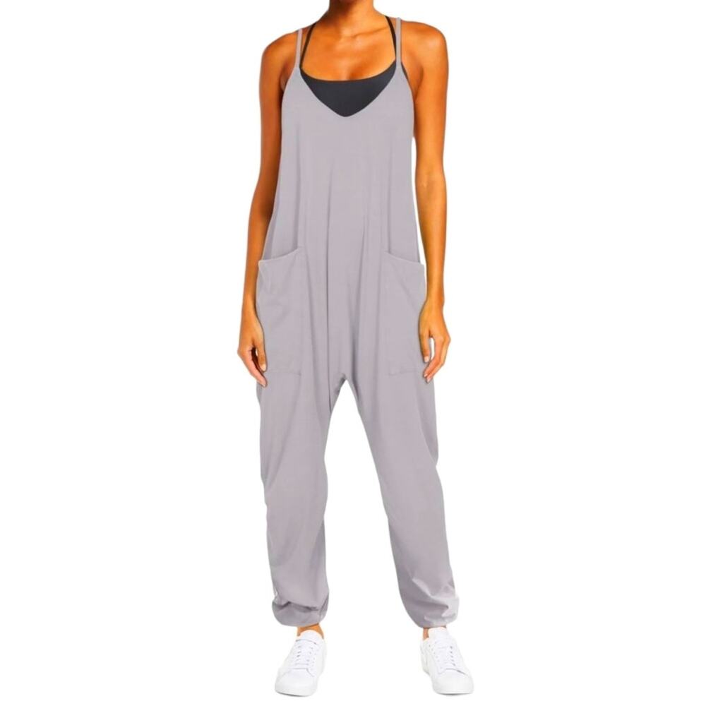 Bobi Los Angeles Women's Medium Gray Sleeveless Wide Leg V-Neck Pocketed Romper